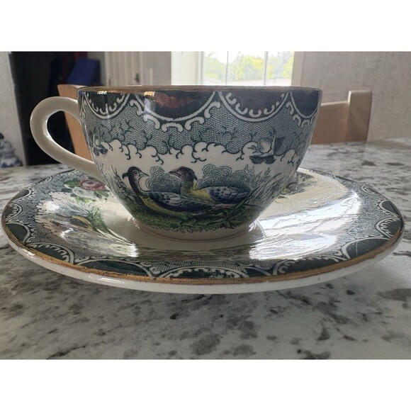 PV France Quimper Style Scenic Teacup Saucer Rare HTF Birds and Flowers SEE Pics - Picture 11 of 11